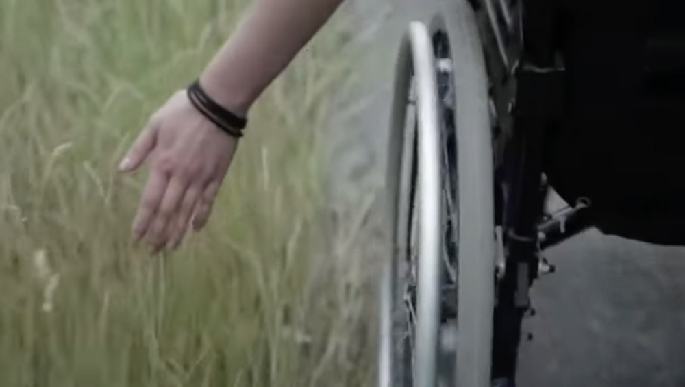 person in wheelchair touching grass with their hand